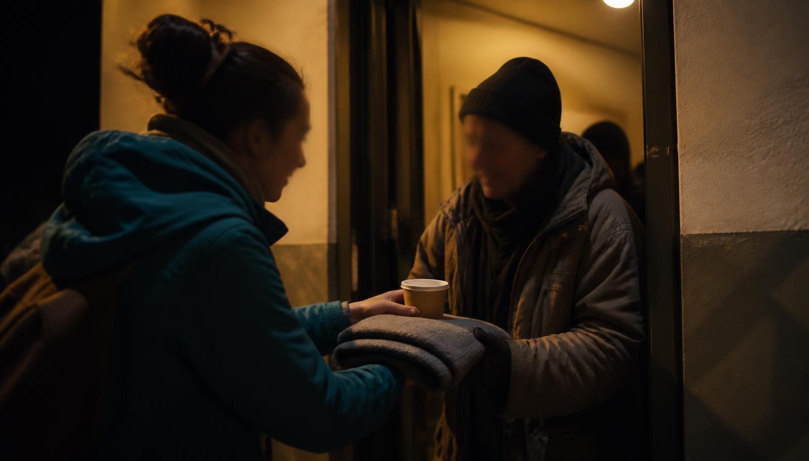 Voluntária entregando cobertor e bebida quente a uma pessoa na entrada de um abrigo à noite